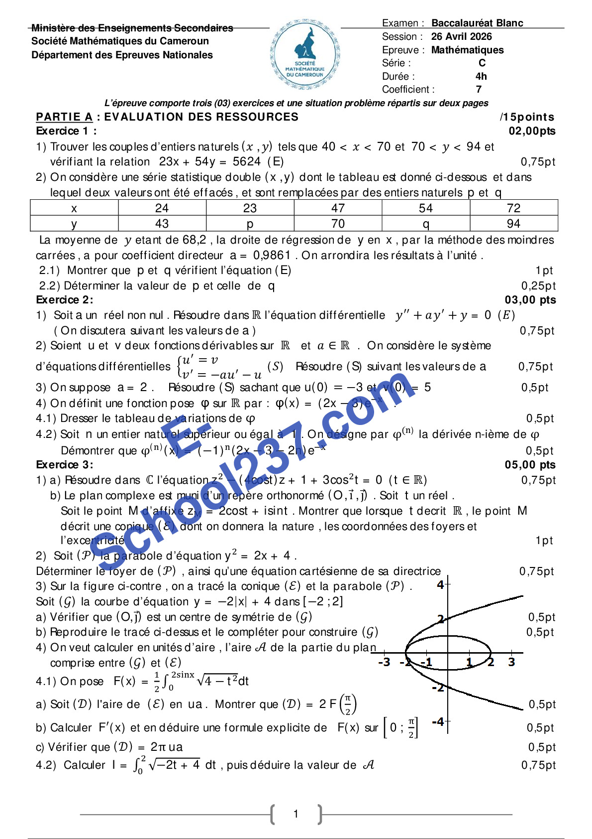 BACC C 2026 Sté Mathématiques du Cameroun